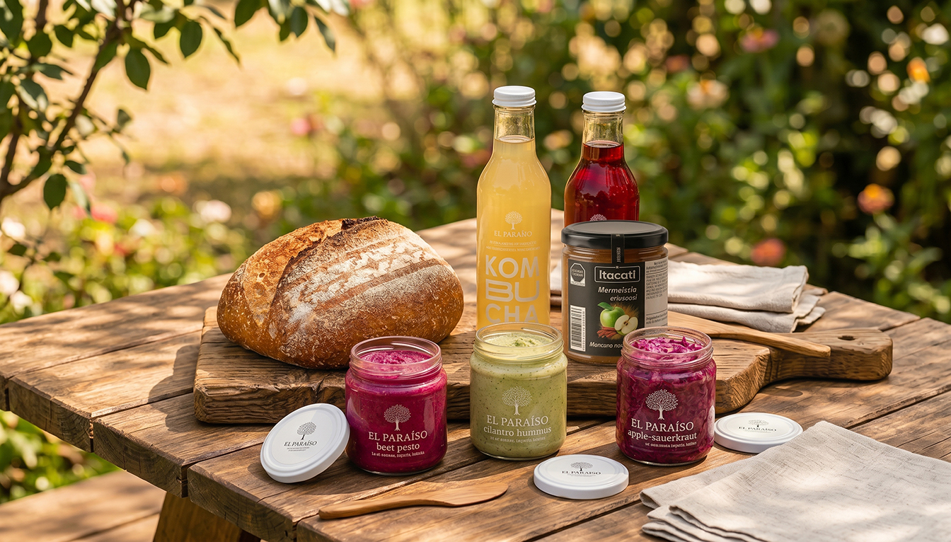 Canasta Picnic con pan de masa madre, dips y kombucha